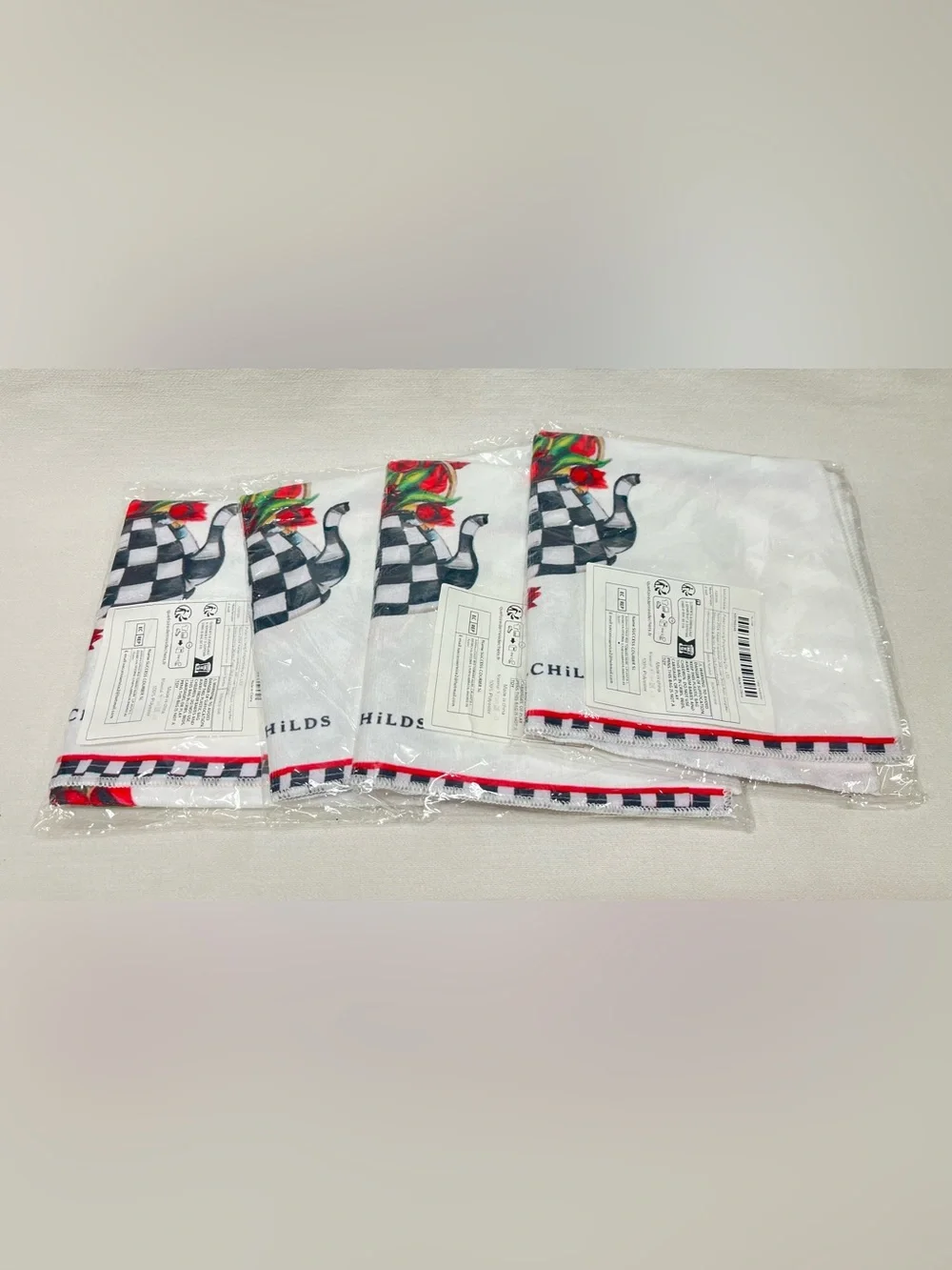 New - MacKenzie Childs Tea Kettle Check Dish Towel - set of 4